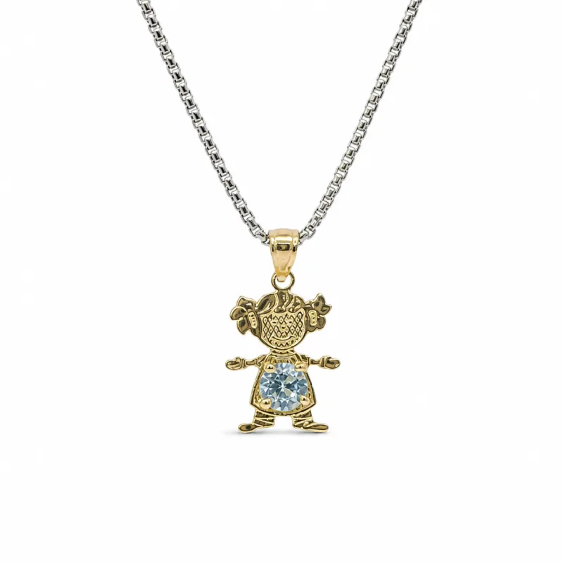 14KT Gold Charm Girl with Light Blue CZ Stone Belly and Plain Bell
