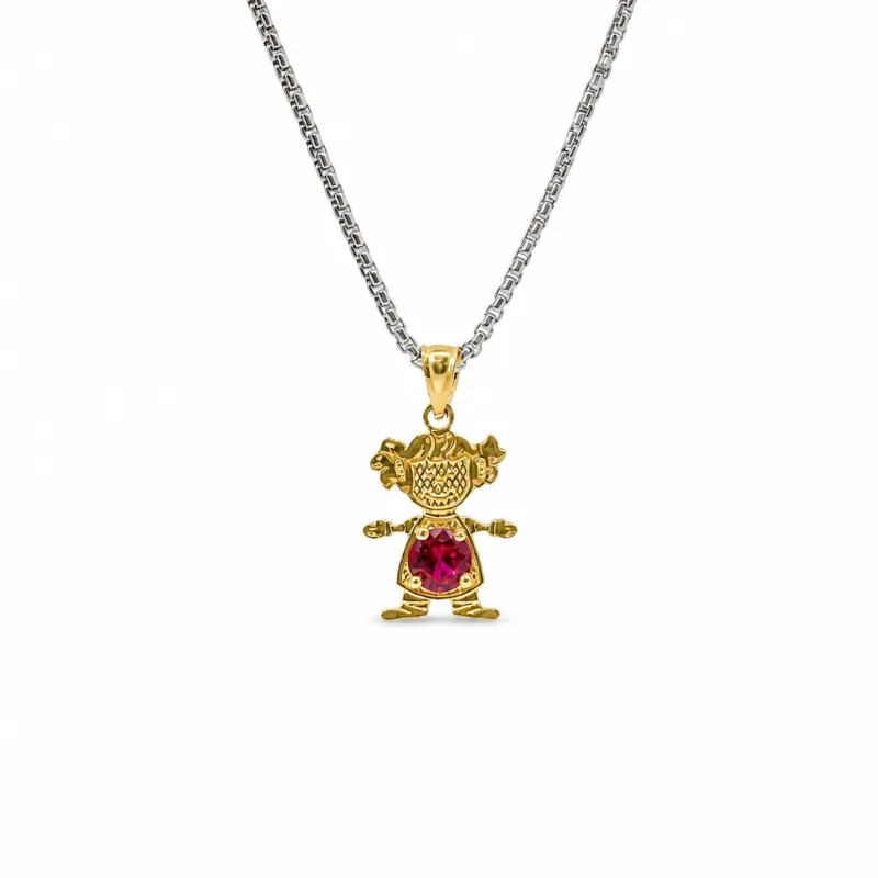 14KT Gold Charm Girl with Magenta CZ Stone Belly and Plain Bell