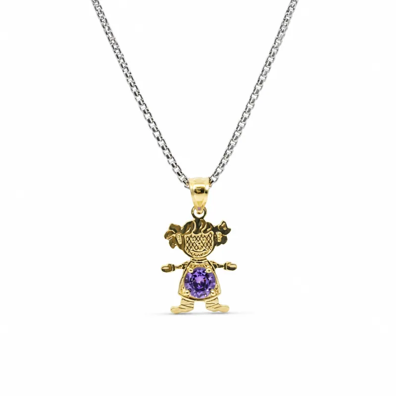 14KT Gold Charm Girl with Purple CZ Stone Belly and Plain Bell