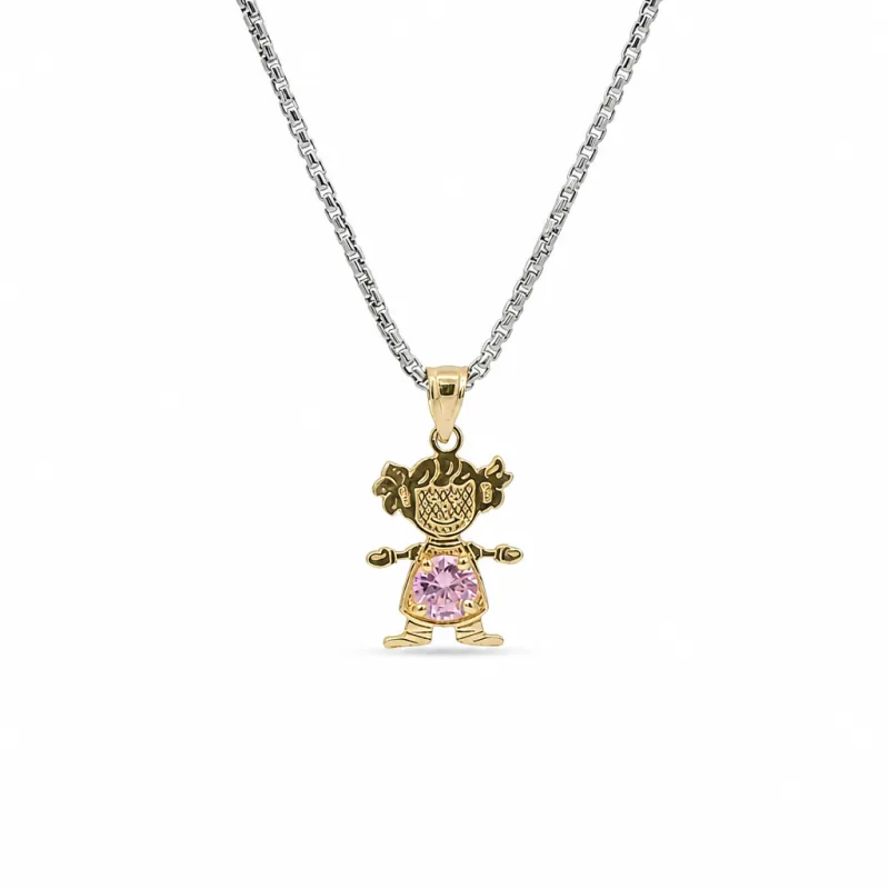 14KT Gold Charm Girl with Pink CZ Stone Belly and Plain Bell