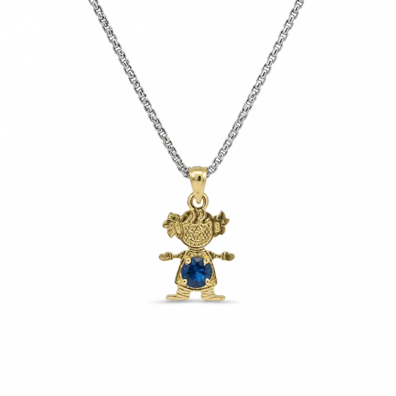 14KT Gold Charm Girl with Royal Blue CZ Stone Belly and Plain Bell