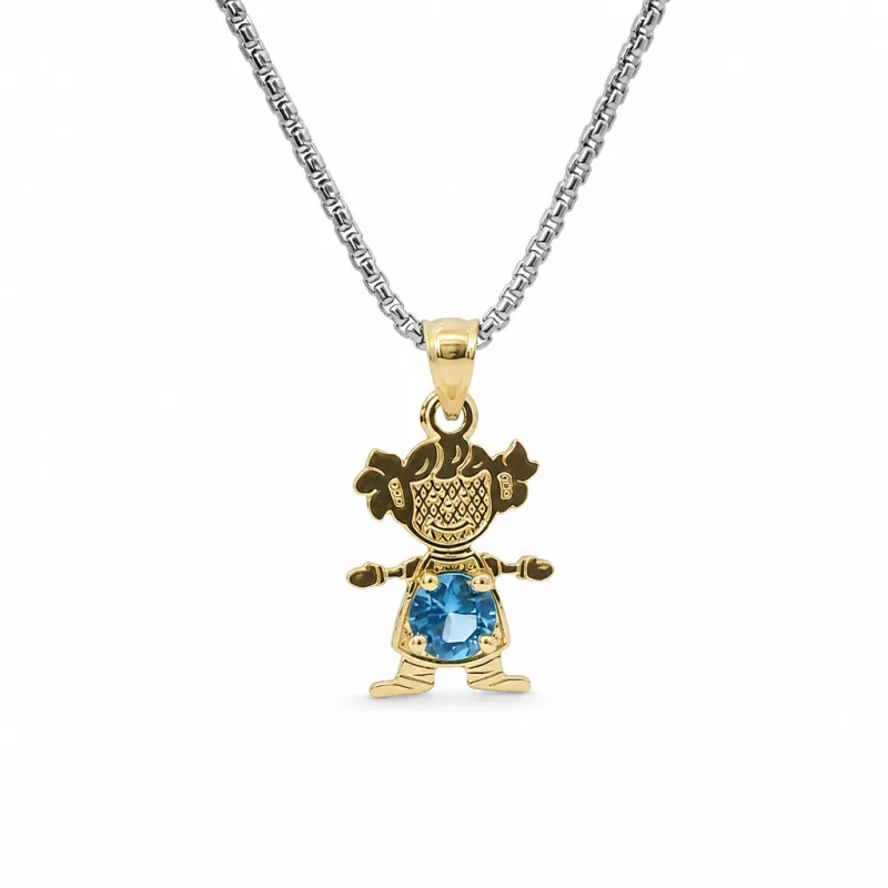 14KT Gold Charm Girl with Turquoise CZ Stone Belly and Plain Bell