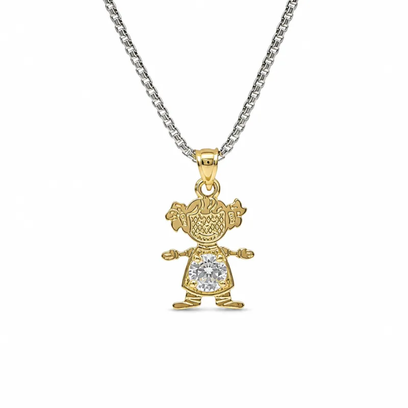 14KT Gold Charm Girl with White CZ Stone Belly and Plain Bell