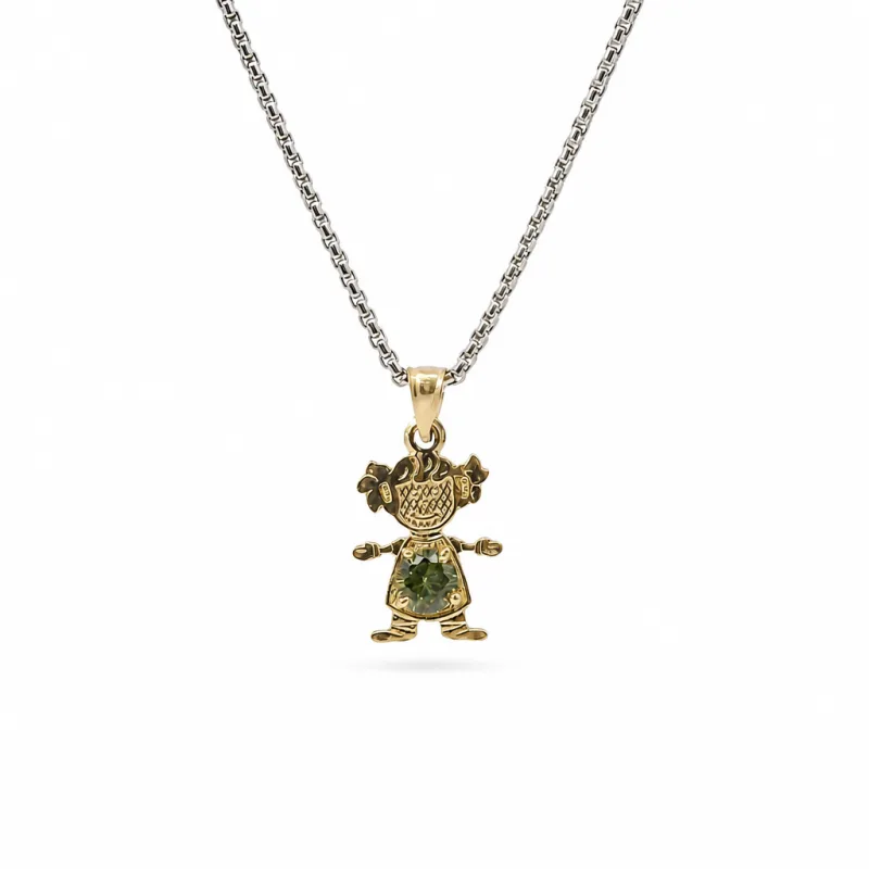 14KT Gold Charm Girl with Yellow CZ Stone Belly and Plain Bell