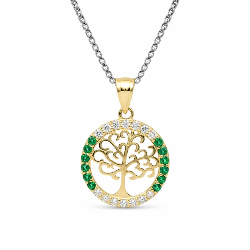 14KT Gold Charm Medium Round Tree of Life with Heart Leaves and White and Green CZ Stones Border and Plain Bell
