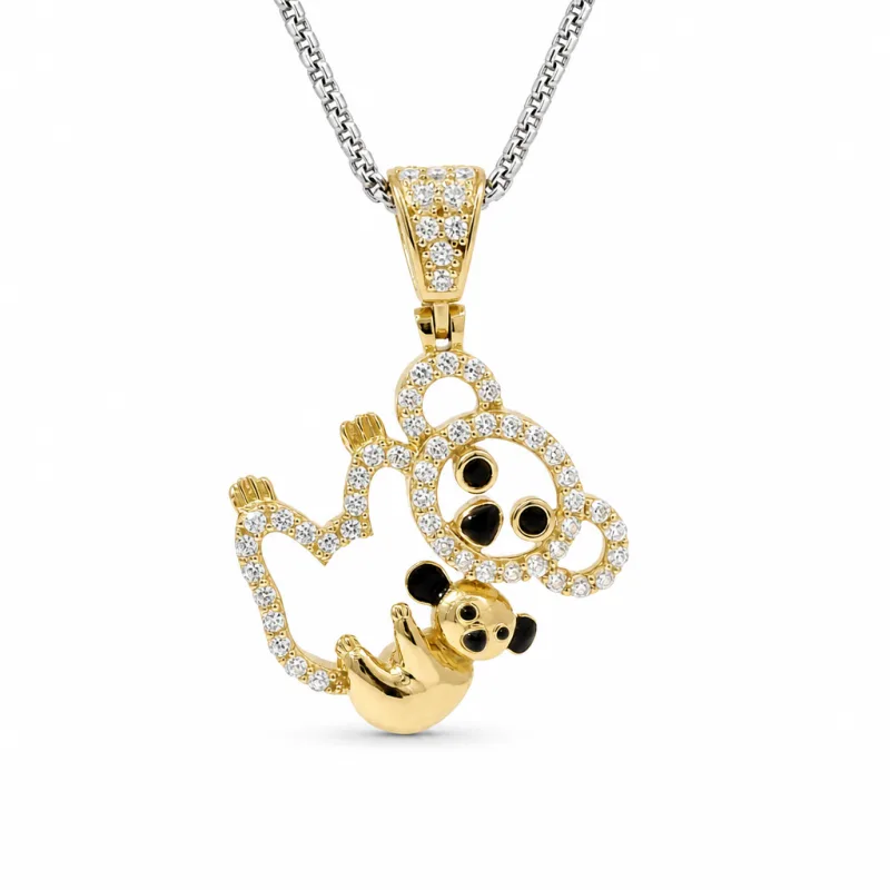 14KT Gold Charm Medium White CZ Stones Koala Bear Outline with Plain Baby, Black CZ Stones Eyes, Enamel Noses, and White CZ Stones Bell