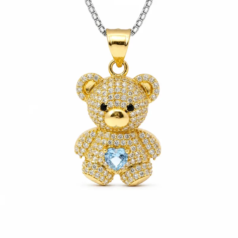 14KT Gold Charm Extra Large White CZ Stones Teddy Bear with Light Blue Heart Belly and Plain Bell