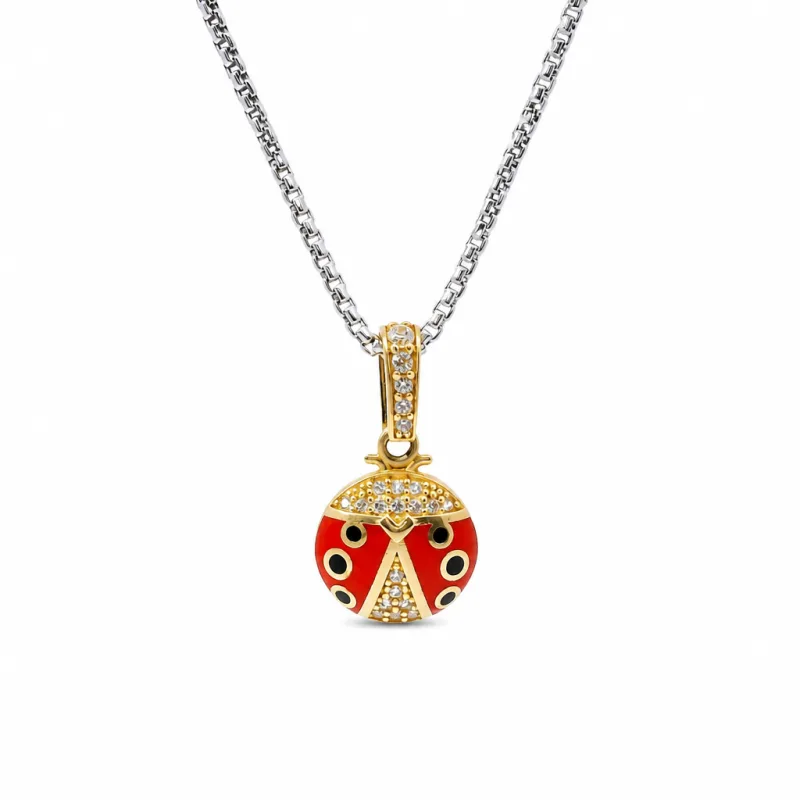14KT Gold Charm Round Black and Red Enamel Lady Bug with White CZ Stones Body and Bell