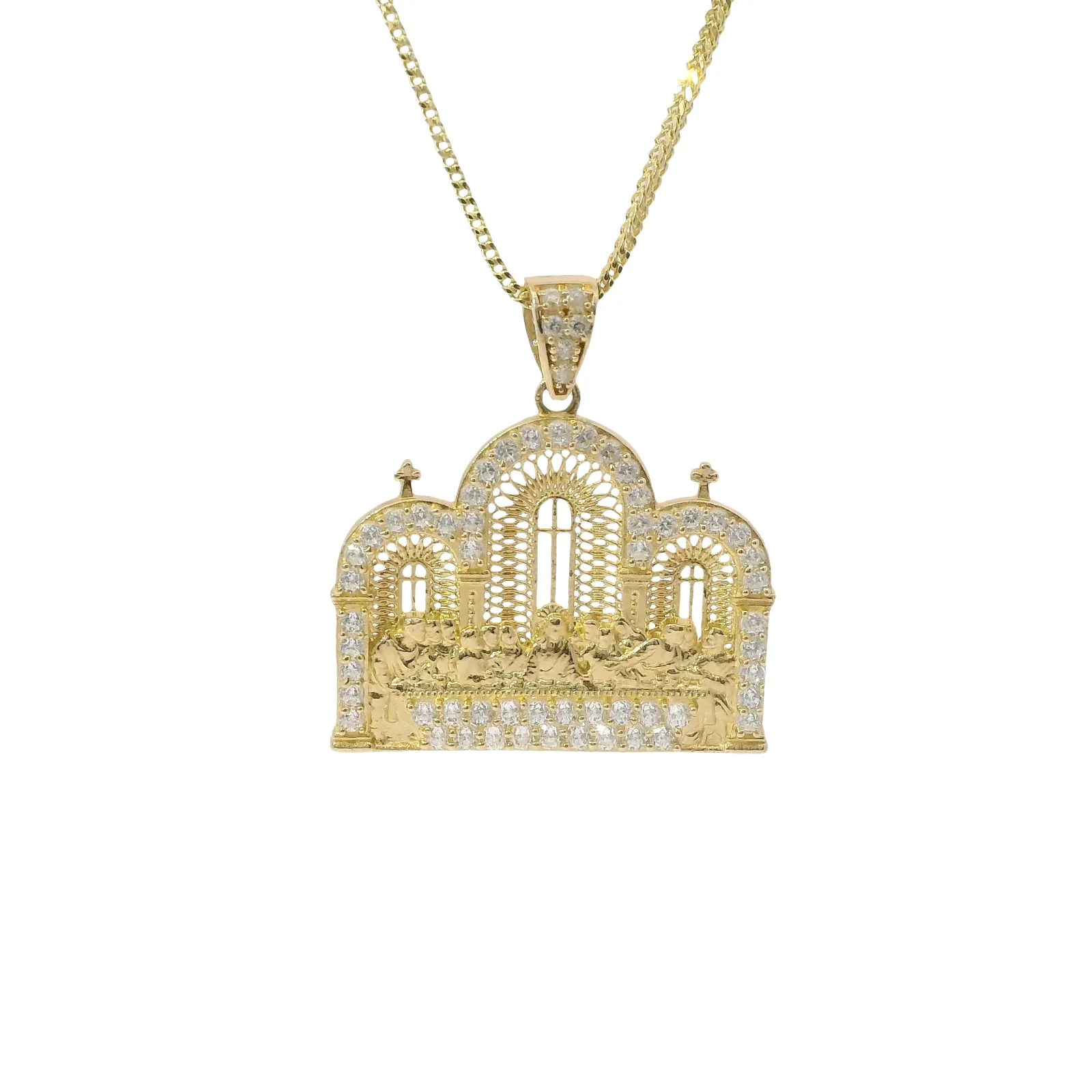 14KT Gold Charm Large Last Supper Archway Background with White CZ Stones Border and Bell