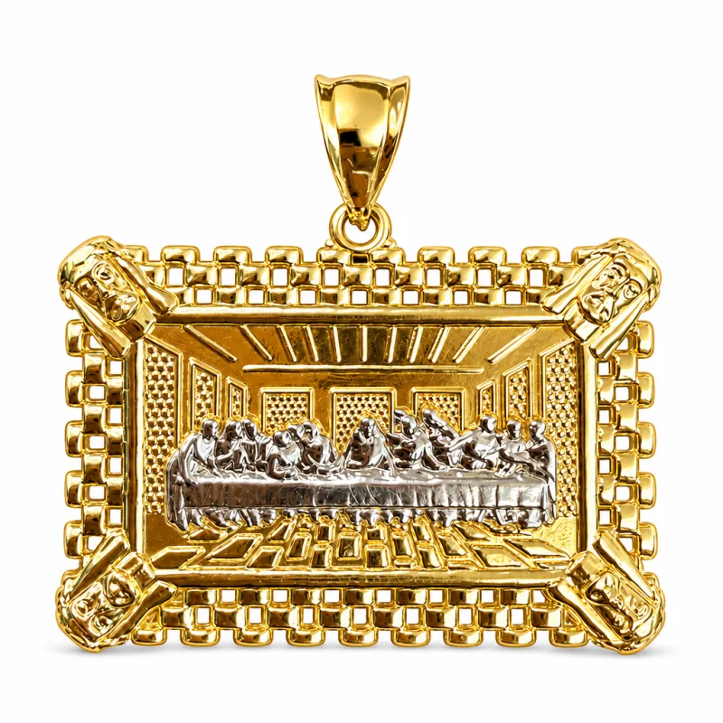14KT Gold Charm Large Rectangle Two Tone Last Supper with Jesus Head Corners with Watch Band Frame and Plain Bell