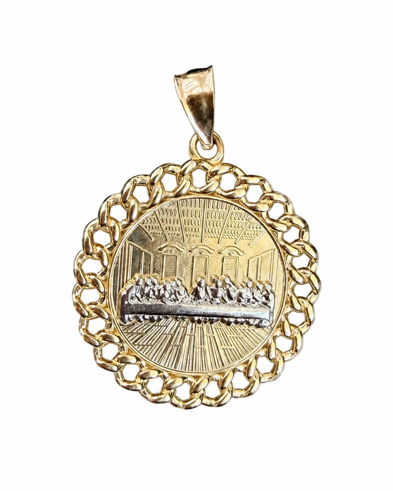 14KT Gold Charm Small Round Two Tone Last Supper with Brick Floor and Cuban Link Print Border with Plain Bell