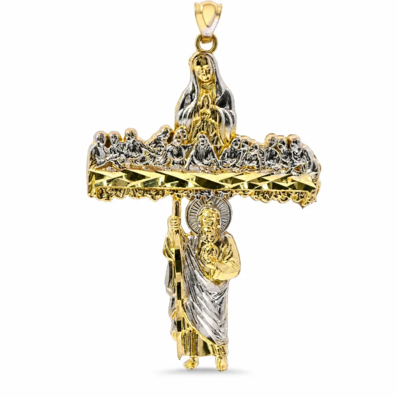 14KT Gold Charm Large Two Tone Last Supper Cross with Virgin Mary and St Jude Center and Plain Bell