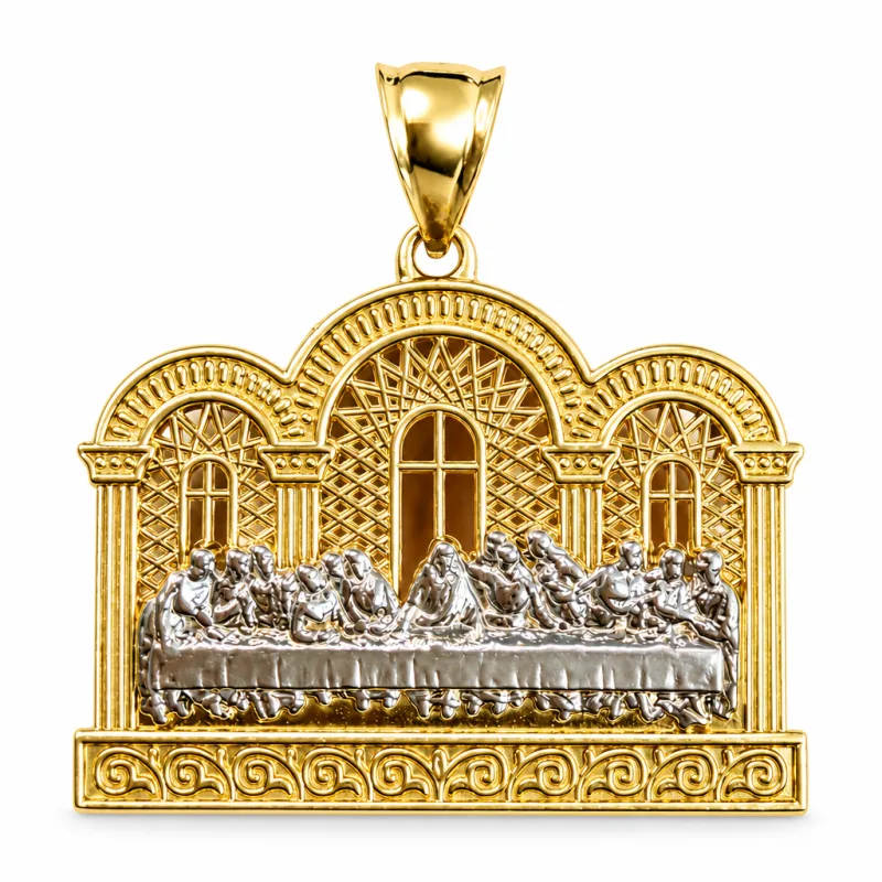 14KT Gold Charm Large Last Supper Archway Background with Plain Border and Bell