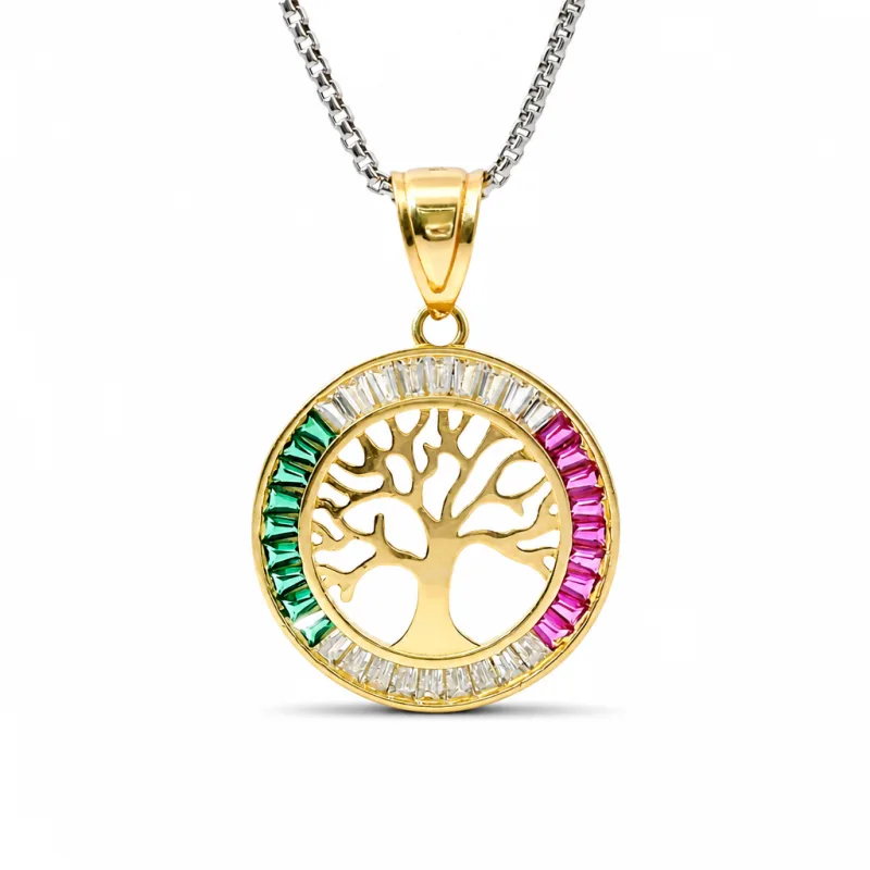 14KT Gold Charm Large Round Open Center Tree of Life with White, Red, and Green Baguette CZ Stones Border and Plain Bell