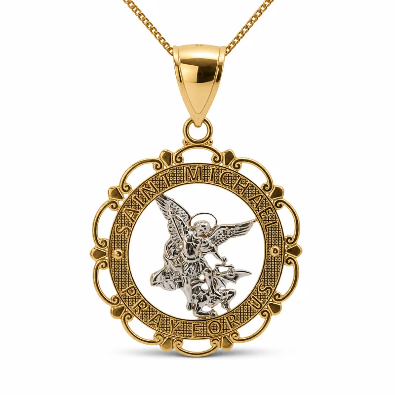 14KT Gold Charm Large Two Tone Open Center St Michael "PRAY FOR US" Coin with Open Scallop Edge and Plain Bell