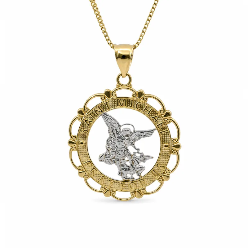 14KT Gold Charm Medium Two Tone Open Center St Michael "PRAY FOR US" Coin with Open Scallop Edge and Plain Bell