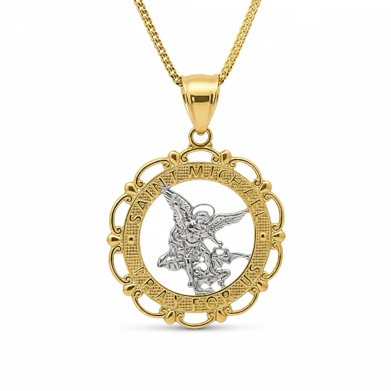 14KT Gold Charm Small Two Tone Open Center St Michael "PRAY FOR US" Coin with Open Scallop Edge and Plain Bell