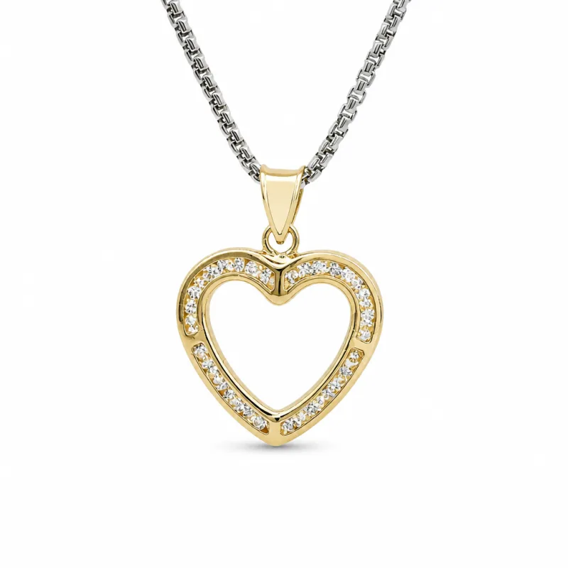 14KT Gold Charm Medium White CZ Stones Open Heart Outline with Plain Bell