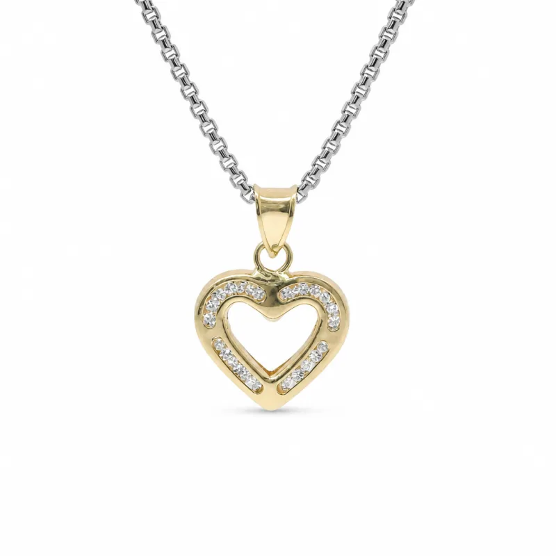 14KT Gold Charm Small White CZ Stones Open Heart Outline with Plain Bell