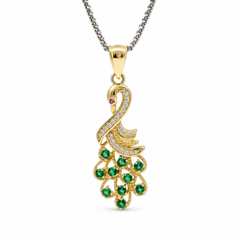 14KT Gold Charm Peacock with Green CZ Stones Tail, White CZ Stones Body, Dark Pink CZ Stone Eye and Plain Bell