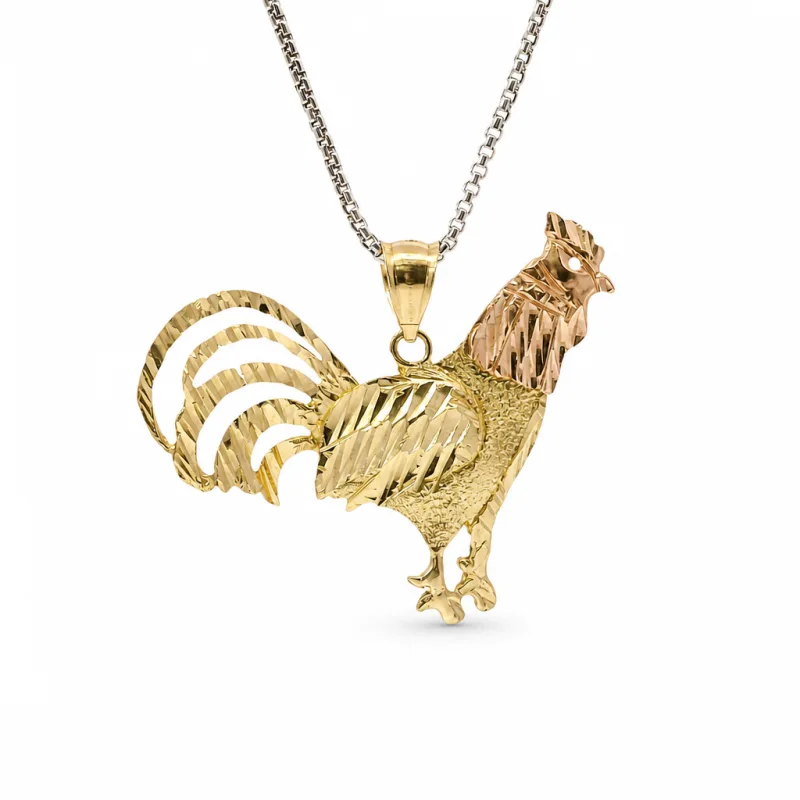 14KT Gold Charm Jumbo Two Tone Diamond Cut Rooster with Plain Bell
