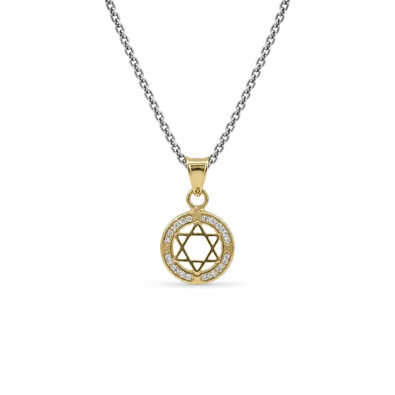 14KT Gold Charm Mini Round Open Star of David Center with White CZ Stone Border and Plain Bell
