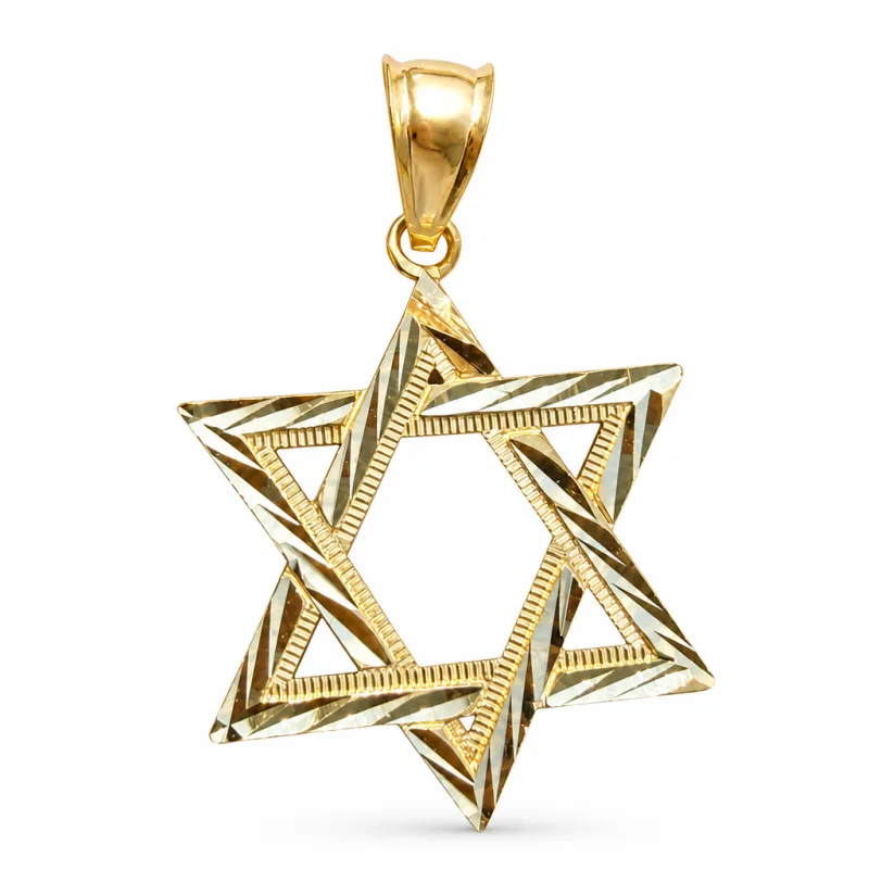 14KT Gold Charm 2XL Open Diamond Cut Star of David with Plain Bell