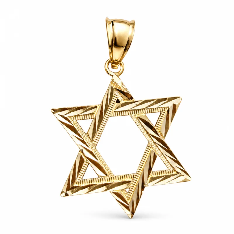 14KT Gold Charm Extra Large Open Diamond Cut Star of David with Plain Bell