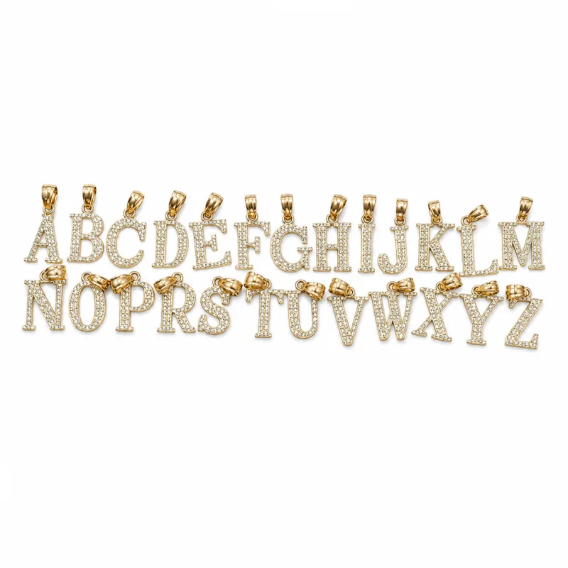 14KT Gold Charm Small Diamond Cut Letter "T" with Plain Bell