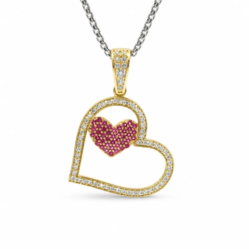 14KT Gold Charm Medium Tilted Open White CZ Stones Heart with Dark Pink Center Heart and White CZ Stones Bell