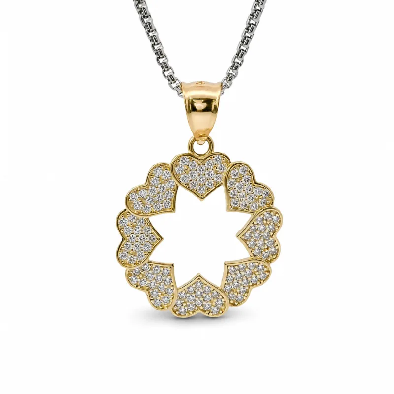 14KT Gold Charm Medium Open Center White CZ Stones Heart Wreath with Plain Bell