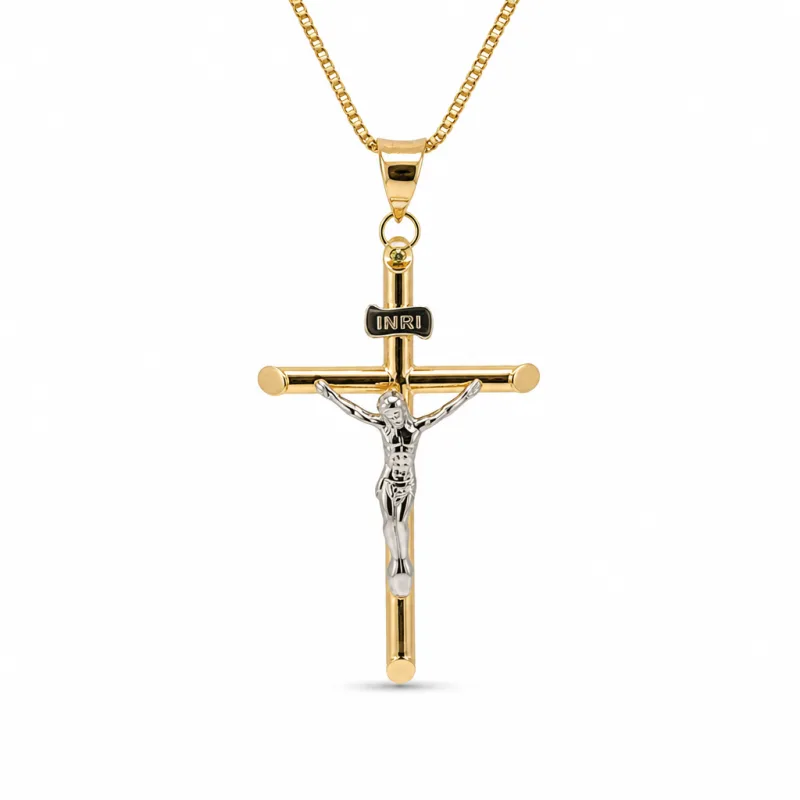 14KT Gold Charm Medium Two Tone Hollow Tube Slant Ends Crucifix Cross with Plain Bell