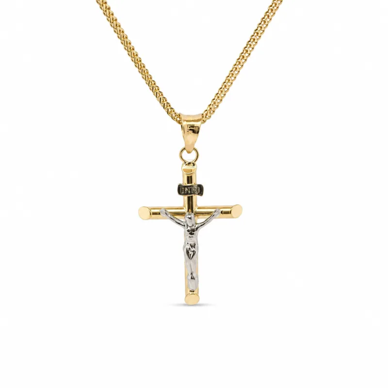 14KT Gold Charm Small Two Tone Hollow Tube Slant Ends Crucifix Cross with Plain Bell