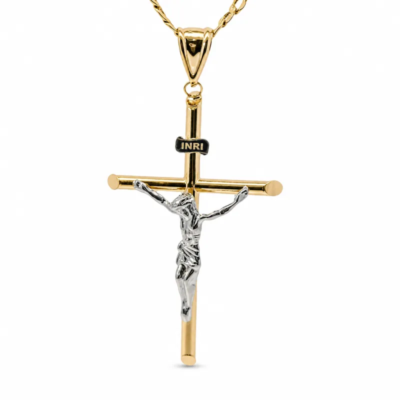 14KT Gold Charm Extra Large Two Tone Hollow Tube Slant Ends Crucifix Cross with Plain Bell