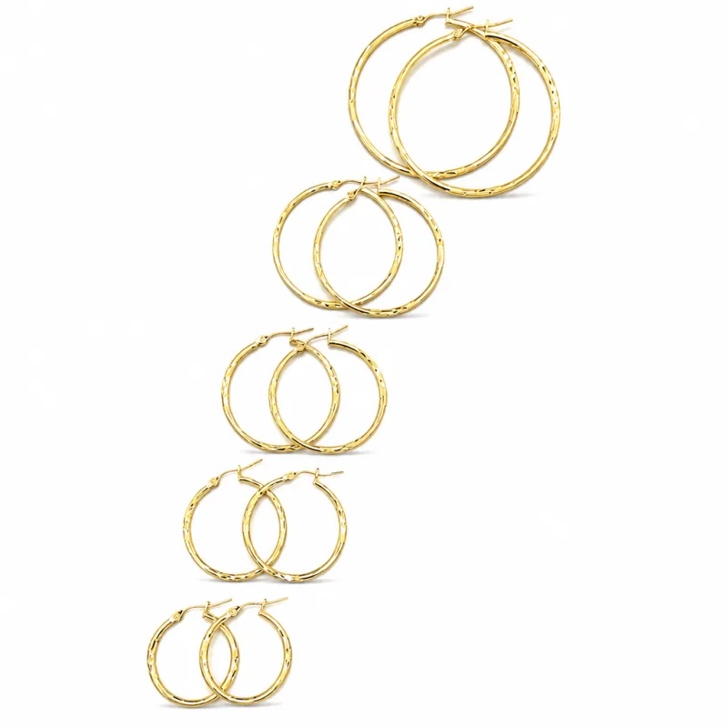 14KT Gold Earrings Hoops Round Diamond Cut Hollow Tube with Saddleback Hinge Closure Length 3mm
