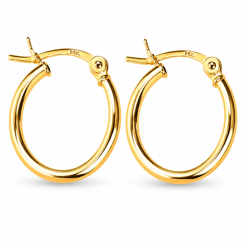 14KT Gold Earrings Hoops Round Plain Hollow Tube with Saddleback Hinge Closure Length 4mm