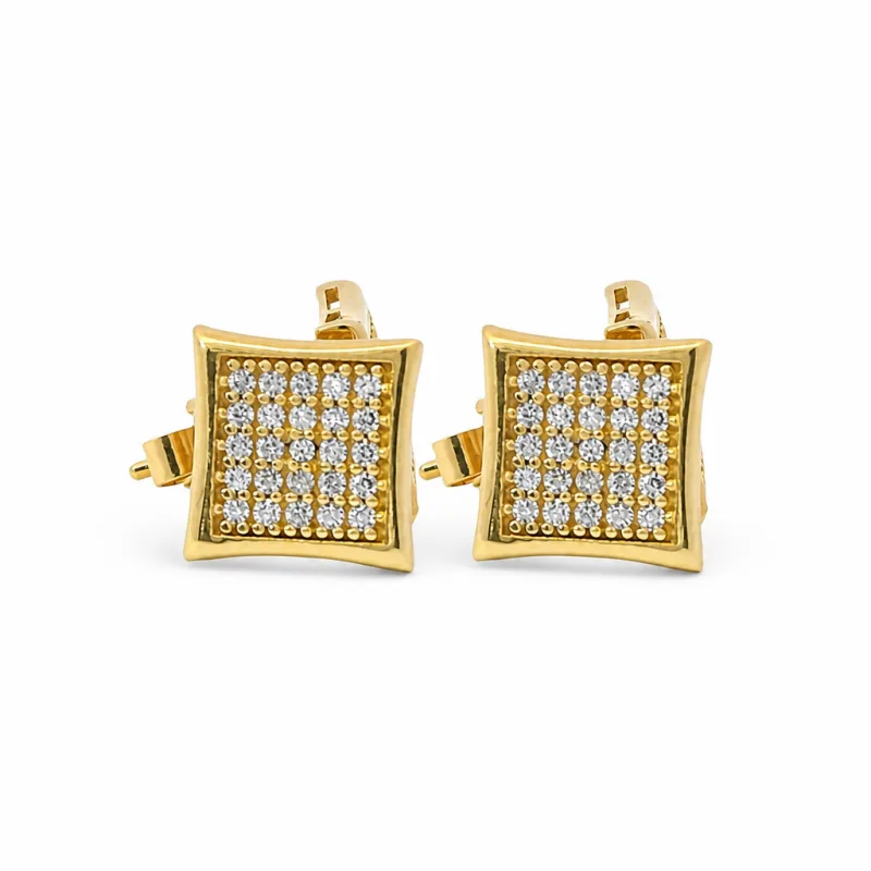 14KT Gold Earring Small Pinched Square White CZ Stones Cluster with Plain Border, Push Back Post, and Butterfly Backs