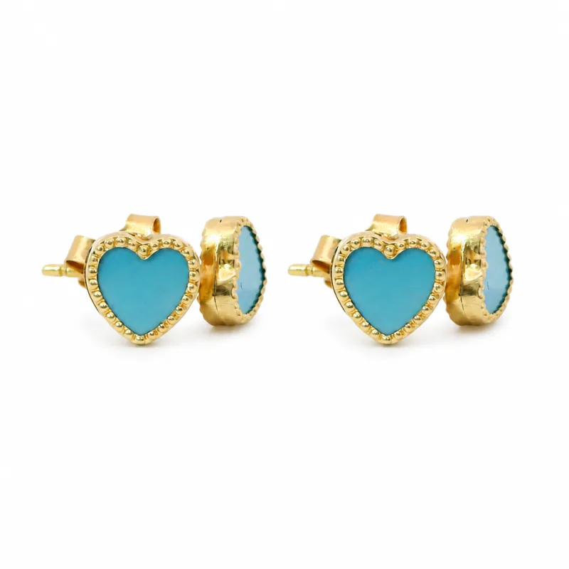 14KT Gold Earrings Extra Small Aqua Blue Heart with Dotted Border with Push Back Post and Butterfly Backs