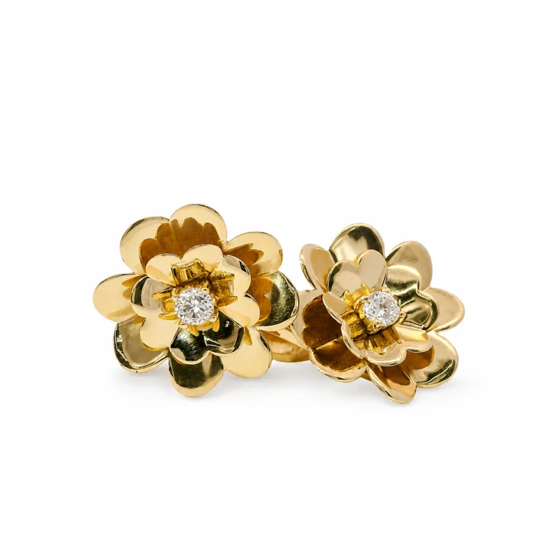 14KT Gold Earring Medium White CZ Stone Flower Center with Double Layer of Heart Petals and Saddleback Hinge Closure