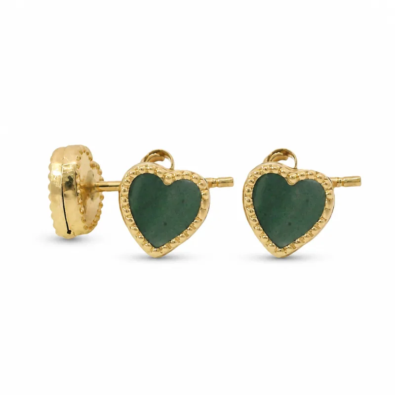 14KT Gold Earrings Extra Small Olive Green Heart with Dotted Border with Push Back Post and Butterfly Backs