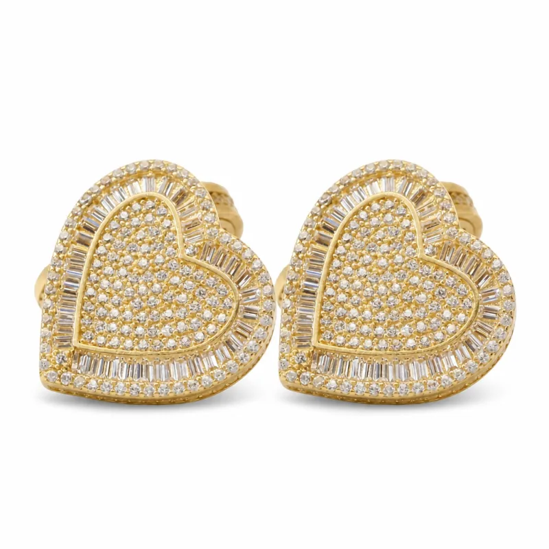 14KT Gold Earrings Large Heart White Round CZ Stones Cluster Center and Edge, Baguette CZ Stones Border, Push Back Post, and Butterfly Backs