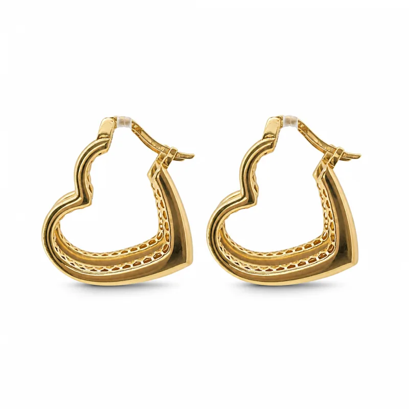 14KT Gold Earrings Plain Heart Hoops Hollow Tube with Saddleback Hinge Closure Length 3mm