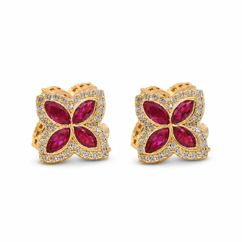 14KT Gold Earrings Small 3D Dark Pink Marquise CZ Stones Four Leaf Clover with White CZ Stones Border, Plain Edge, and Push Back Post with Butterfly Backs