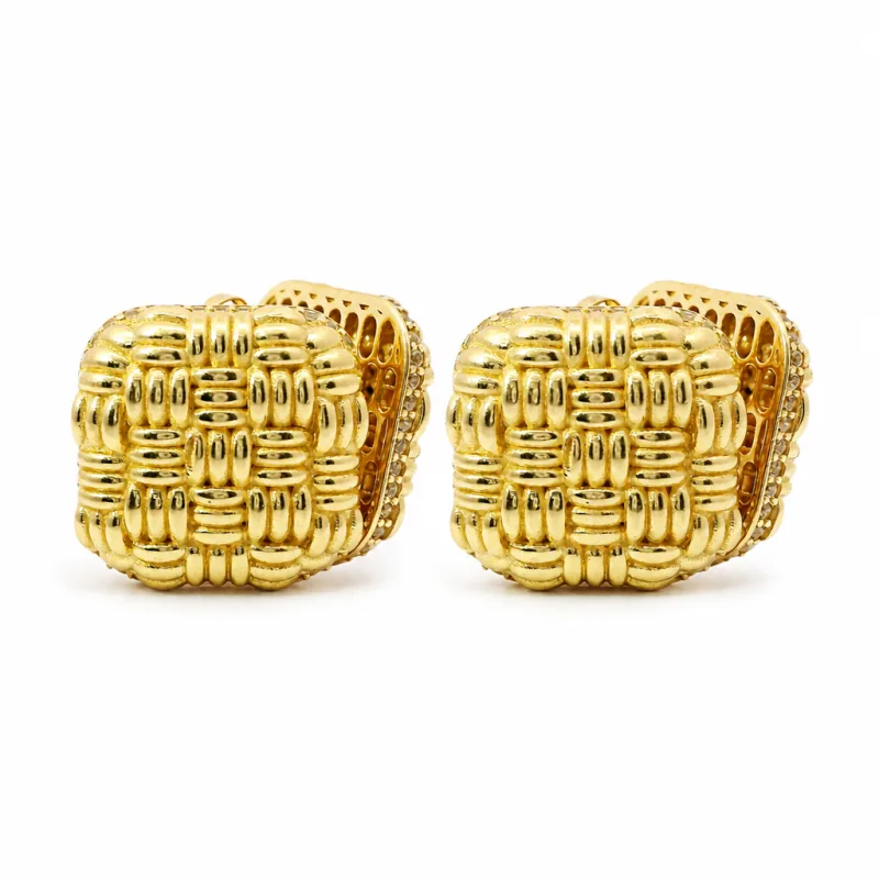 14KT Gold Earrings Large Puff Basket Weave Square with White CZ Stones Edge, Push Back Post, and Butterfly Backs