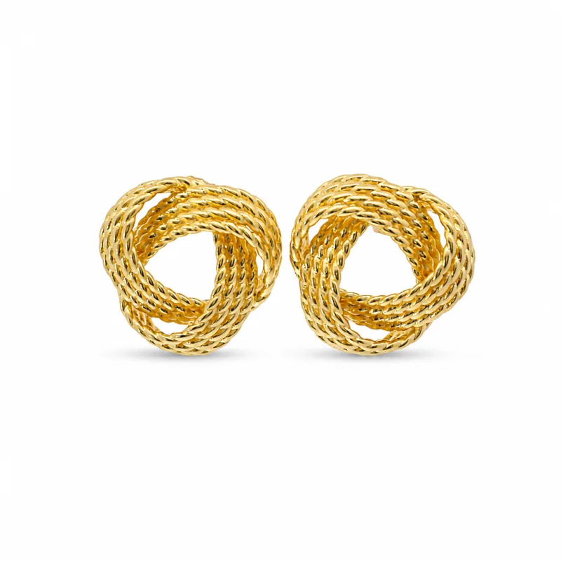 14KT Gold Earrings Medium Open Center Four Strand Plain Flattened Plain Braided Notched Cords Knot with Push Back Post and Butterfly Backs