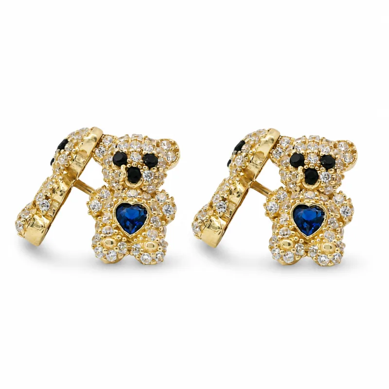 14KT Gold Earring Small White CZ Stones Teddy Bear with Black CZ Stones Eyes, Navy Blue Heart CZ Stone Belly, Push Back Post, and Butterfly Backs