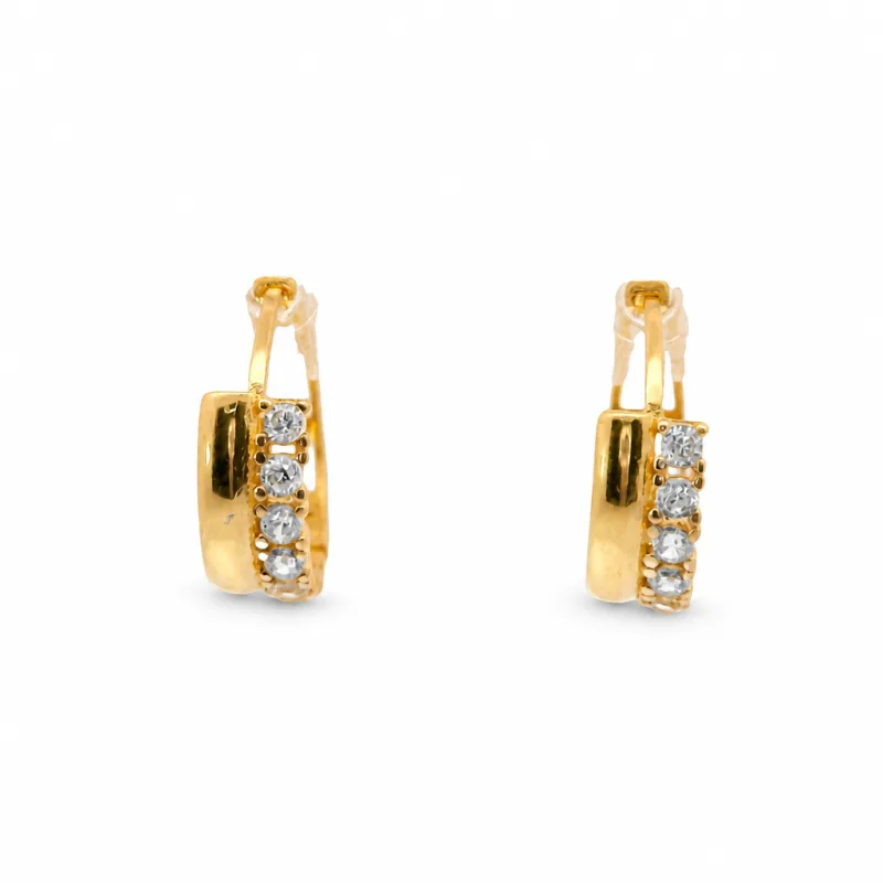 14KT Gold Earring Medium Two Double Row White CZ Stones Rectangle Pattern Huggie
