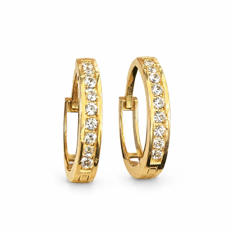 14KT Gold Earring Small White CZ Stones Single Row with Plain Gold Border Open Back Huggie
