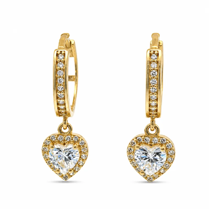 14KT Gold Earring Medium White CZ Stones Heart Charm Huggie