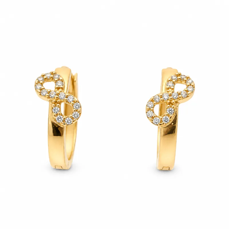 14KT Gold Earring Small White CZ Stones Infinity Loop Huggie